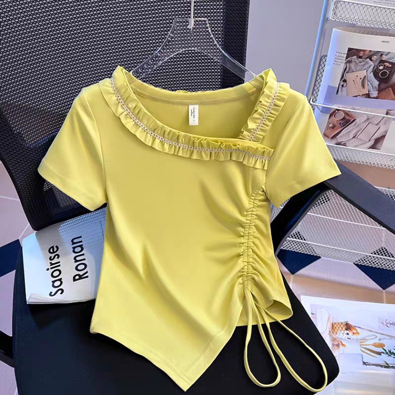 不规则抽绳斜领短袖t恤女新款夏季短款上衣513# 衣长54