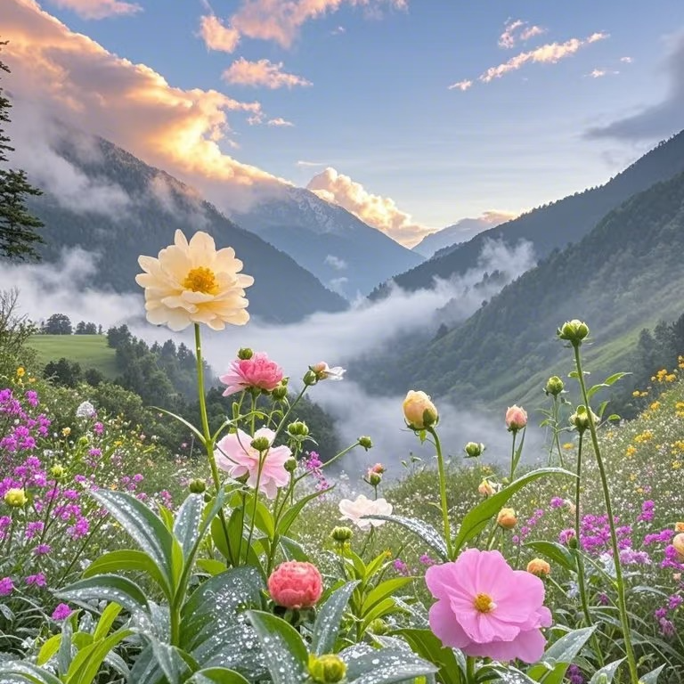 2025抖音开春特惠 夕阳余晖 山林雾气花丛草甸 图册