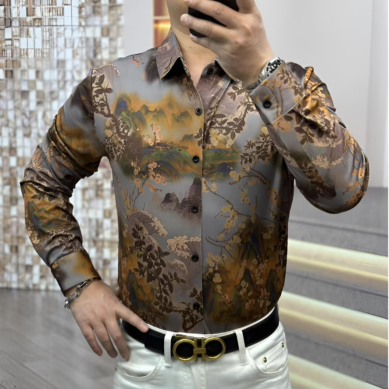 FLD甄选新款免烫高弹力高品质时尚休闲山水印花加厚长袖衬衣