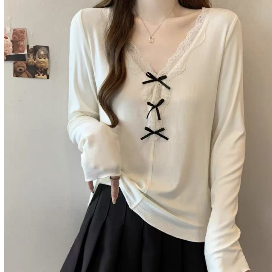 【高品质】大码蝴蝶结打底上衣