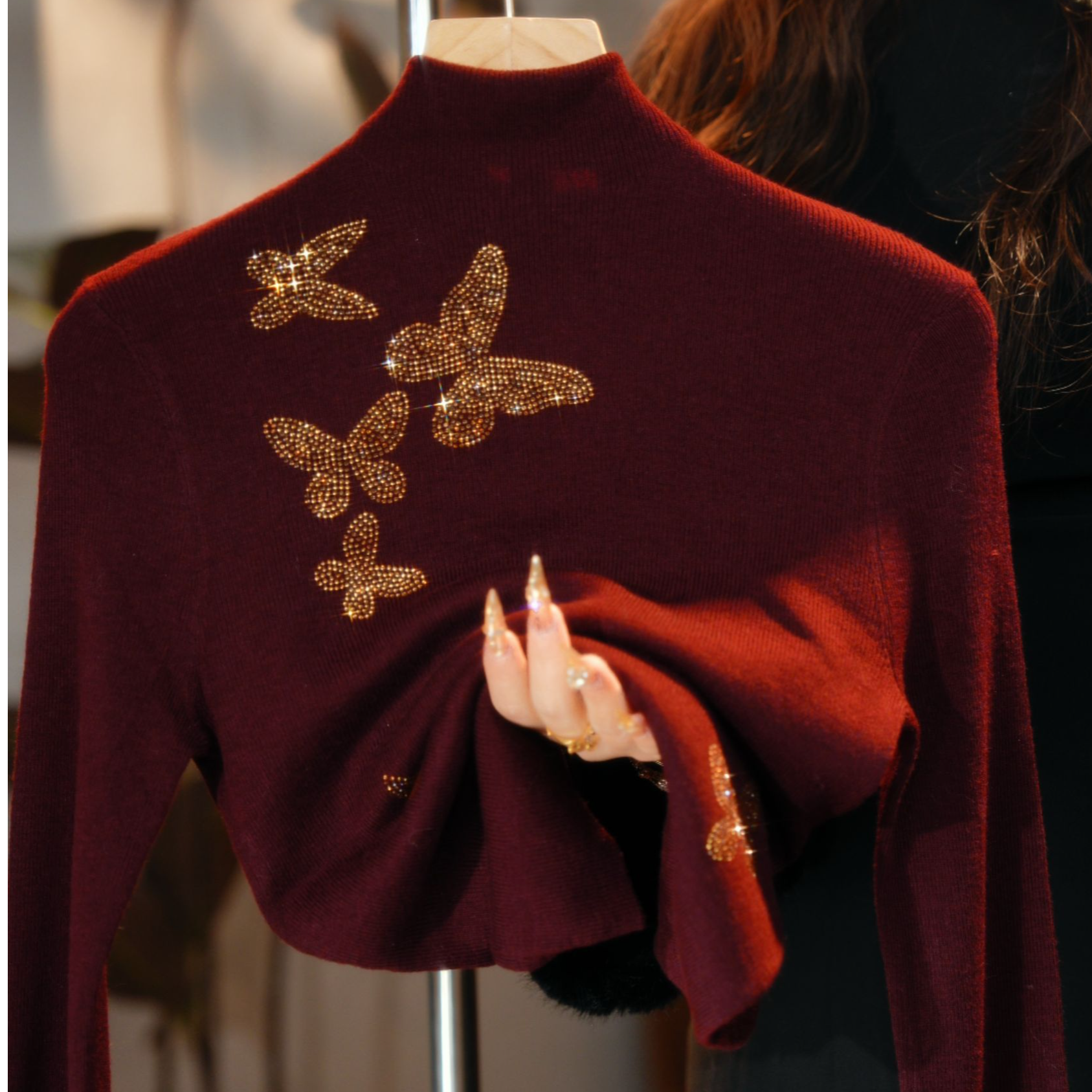 2290-辣辣（浮生若梦)2025新款百搭高领烫钻重工气质时尚打底衫