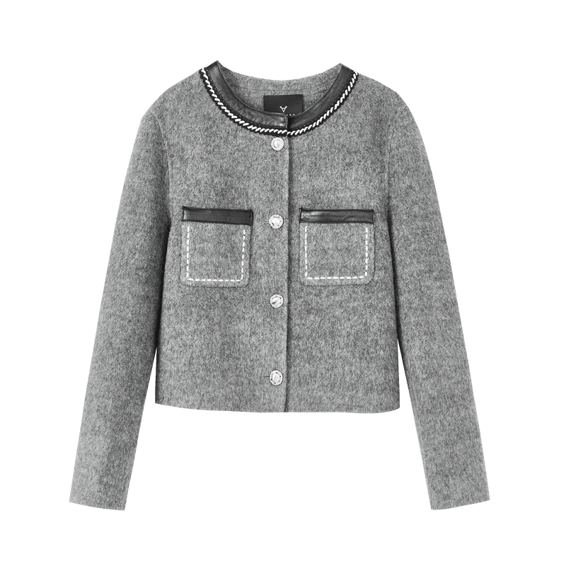 【达人专属】轻奢双面呢大衣气质小香风拼皮短外套X09ADS8682