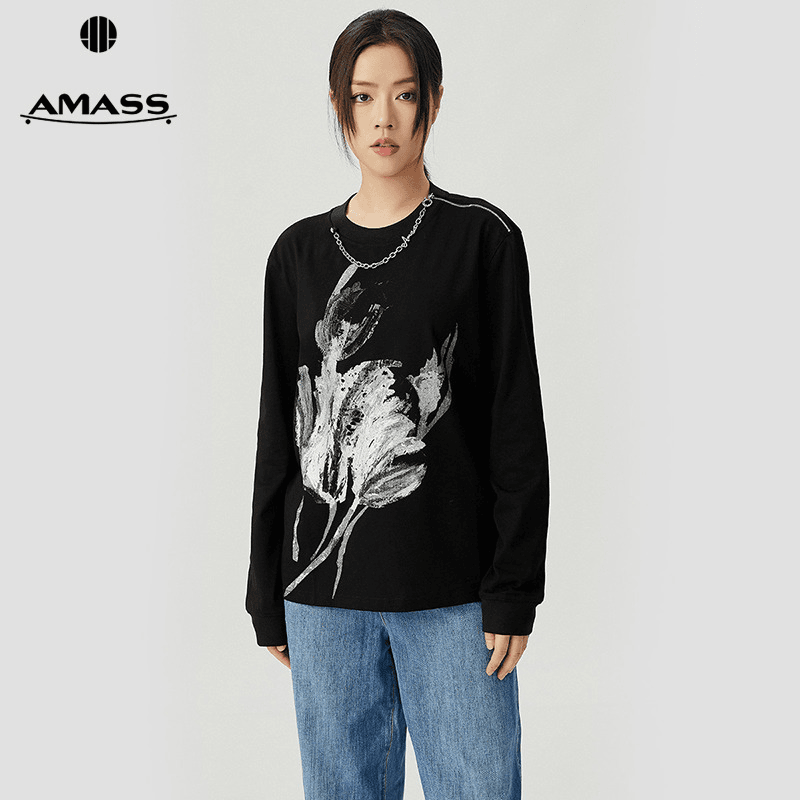 阿玛施AMASS新款女装休闲百搭潮流字母图案设计圆领卫衣女5300993
