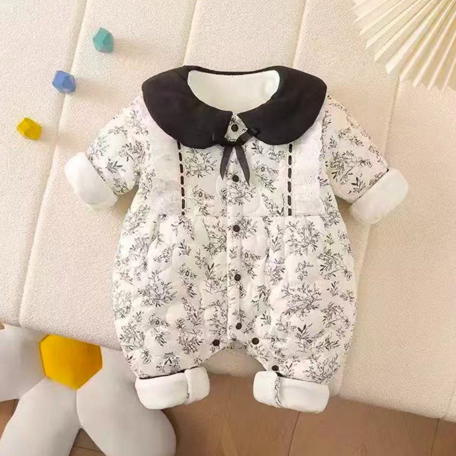 婴儿冬装夹棉加绒连体衣女宝宝保暖加棉服新生儿周岁小香风新款