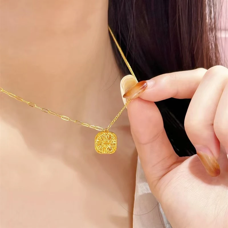 铜合金项链 金色拉丝小方糖项链女ins不掉色轻奢高级毛衣链锁骨链