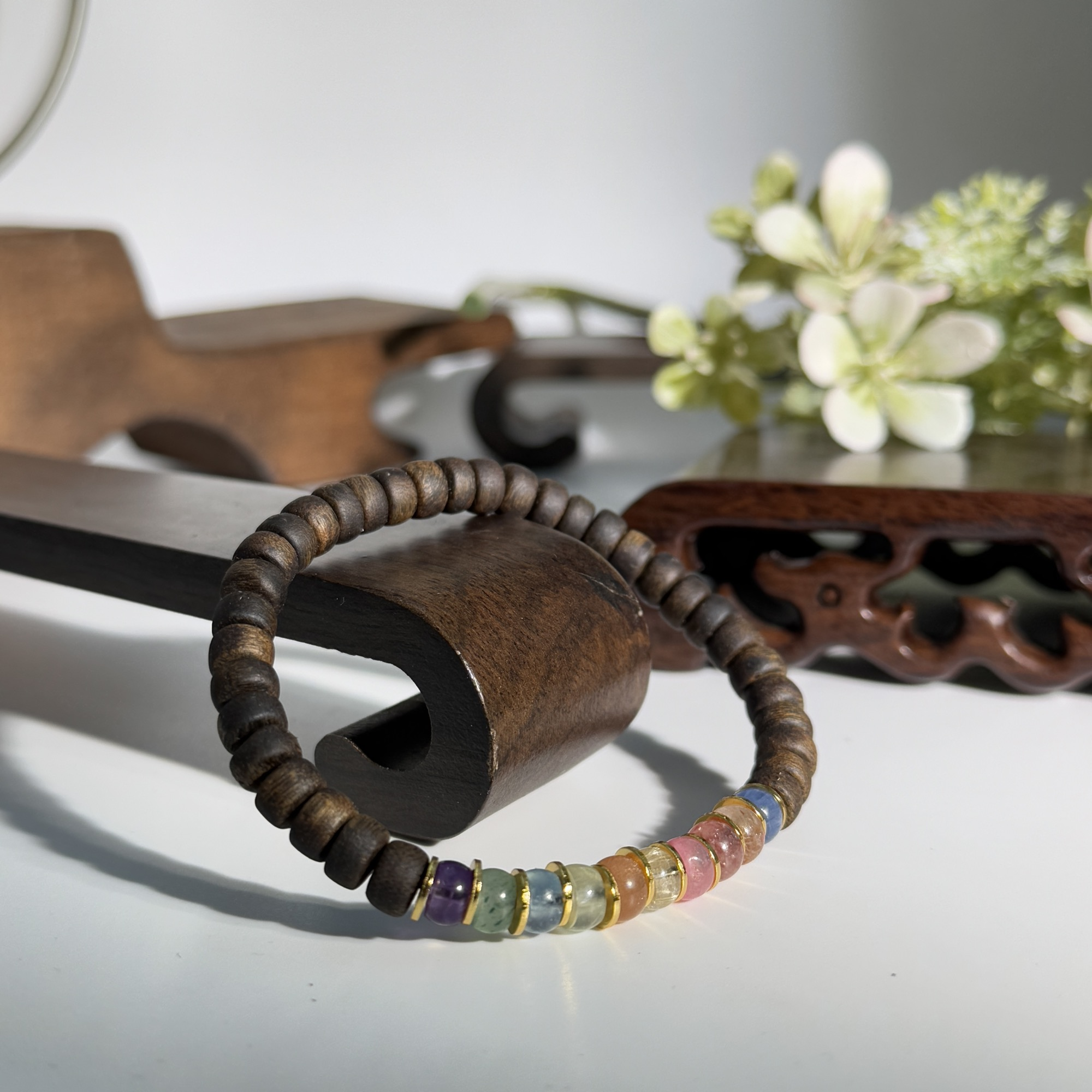 沉香【森森臻选】文莱黑油软丝沉香diy“十全十美”水晶九九沉手串6mm