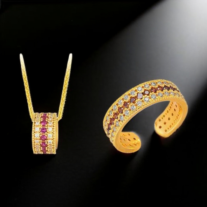 合金项链 轻奢闪动蔷薇吊坠项链饰品锁骨链高级感三排钻红宝戒指