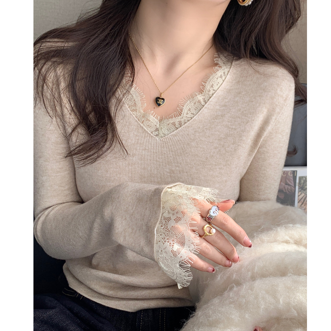 L & L 云云【叠穿自由】新款设计感毛衣上衣V领蕾丝针织打底衫I2-60