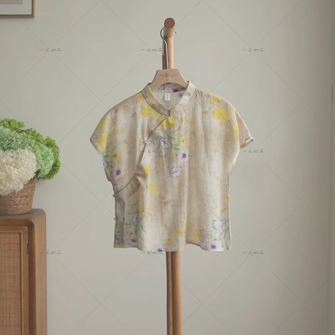 【栀子瓣】新中式国风印花小衫夏季立领斜襟小飞袖上衣