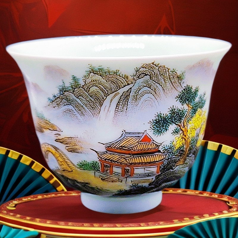  【纯手工手绘】景德镇亦陶斋张平-古彩山水主人杯