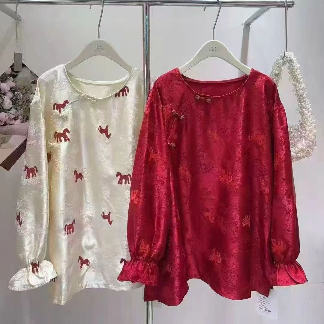 D51735春季新品新中式国风盘扣刺绣小马提花缎面长袖衬衫