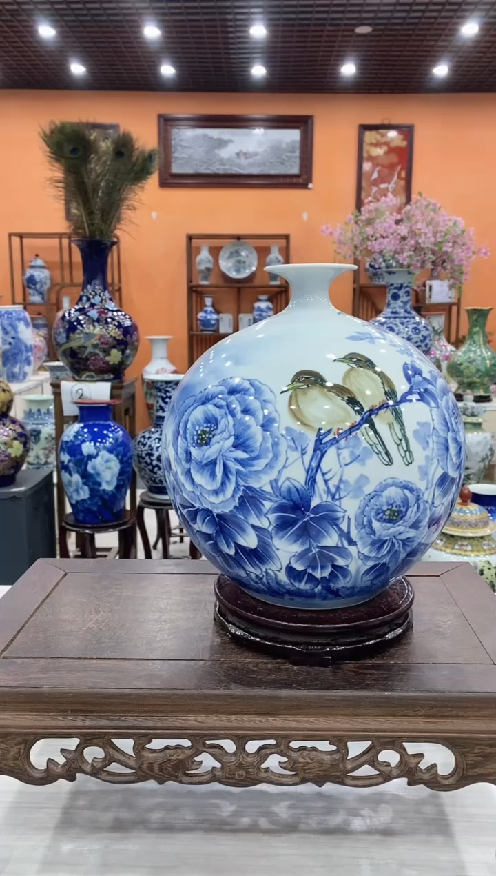 摆件啸鹏青花《花开富贵》石榴瓶+旋转底座