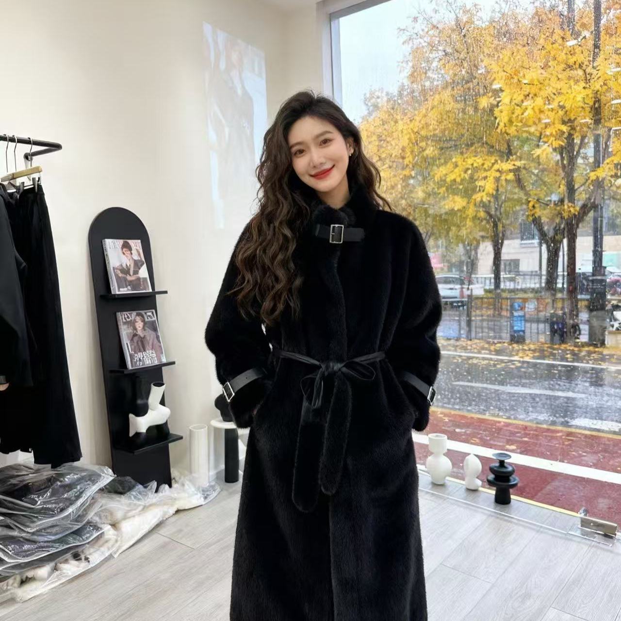 52068女冬季长款保暖法式厚款短外套韩版大衣红色秋冬毛领