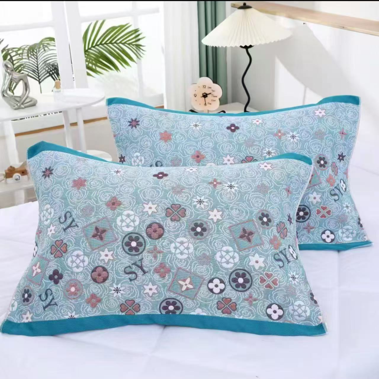 纯绵纱布枕巾--墨尔本蓝高档情侣成人加厚加大柔软透气夏天高级感