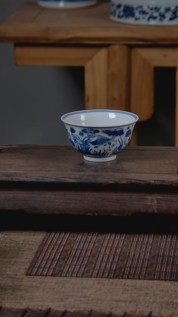 折葵非器手工手绘鱼藻撇口杯