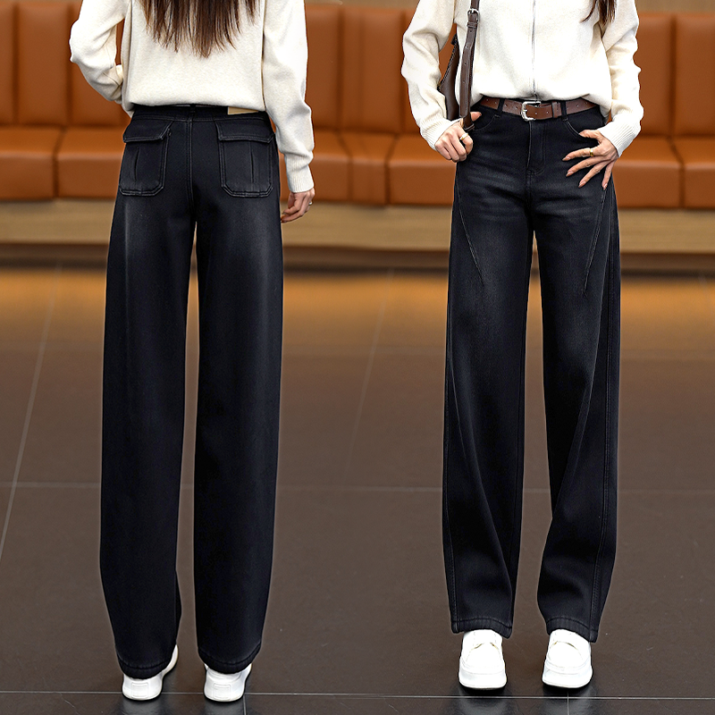 微弹高腰工装牛仔裤绿色裤阔腿裤秋冬季加绒牛仔裤女窄版直筒裤女