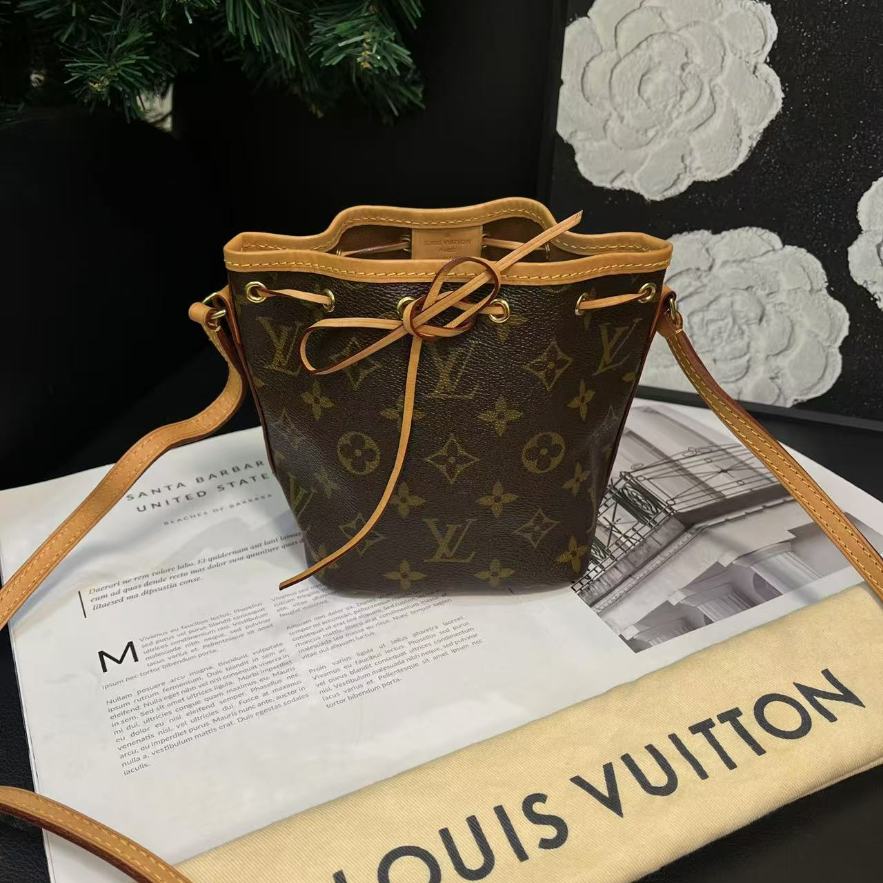 95新 LouisVuitton/路易威登 老花抽绳小水桶单肩包17年B991