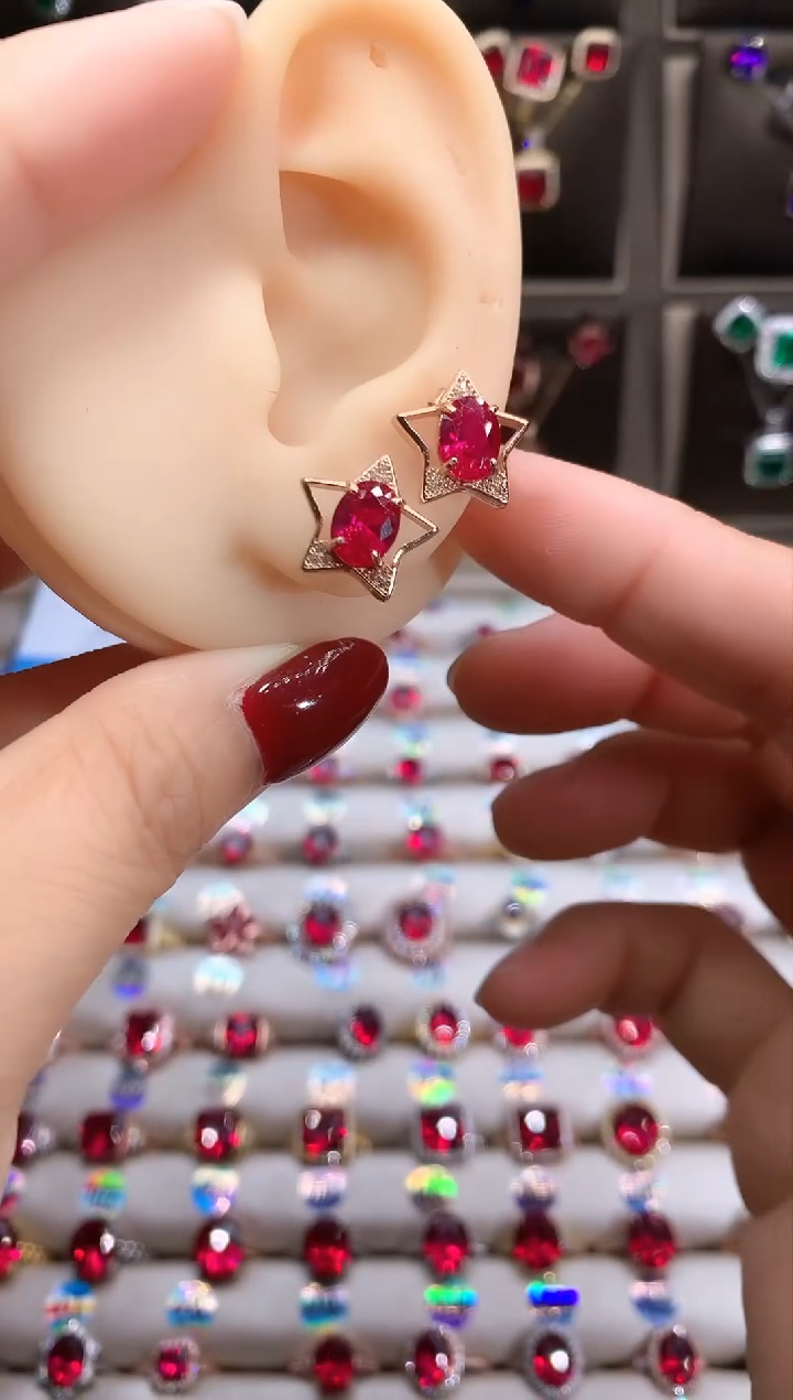 【闪购商品】红宝石耳饰银S925镶嵌玫瑰金