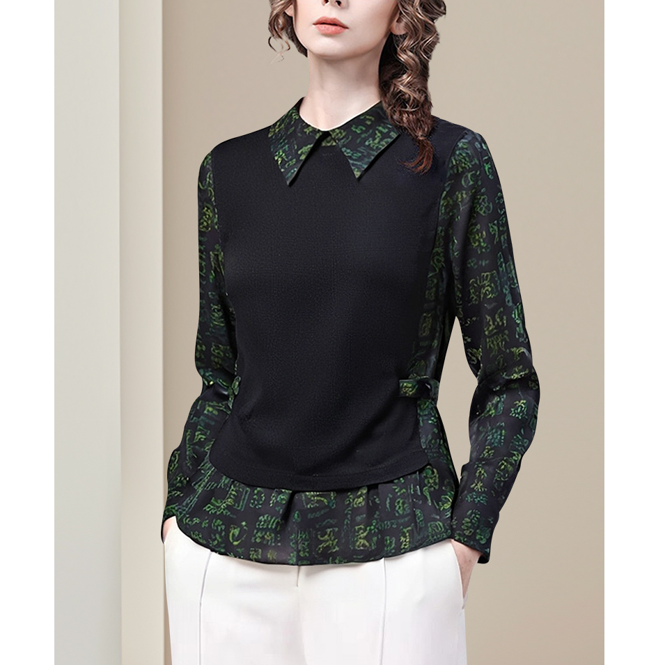 W8338假两件设计感针织衫拼接印花衬衫上衣女2025秋装洋气打底衫