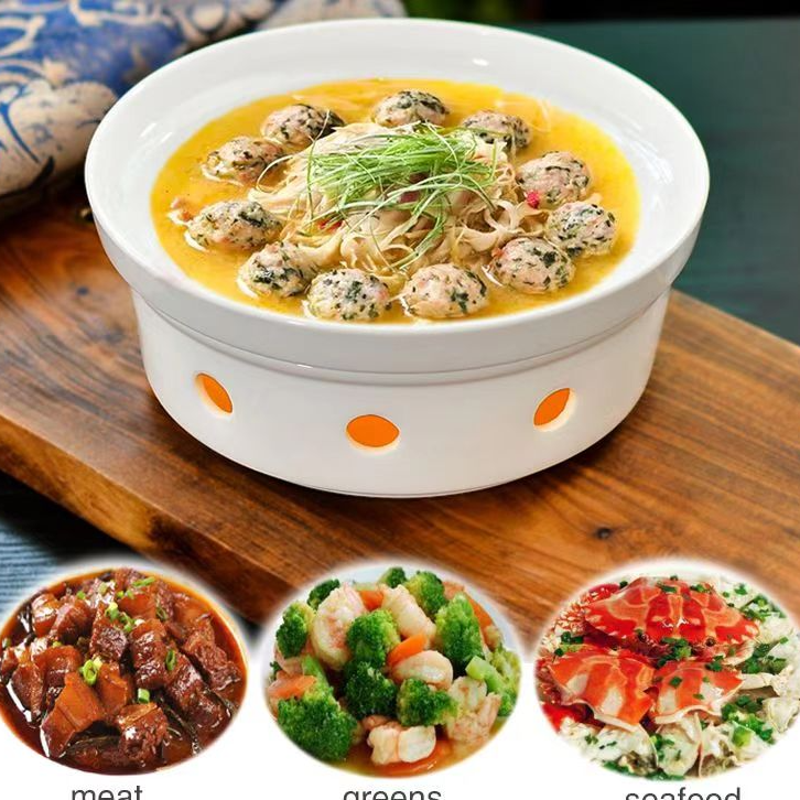 酒店餐厅明炉家用圆形热菜盘子中式蜡烛加热保温带盖菜盘鱼盘陶瓷