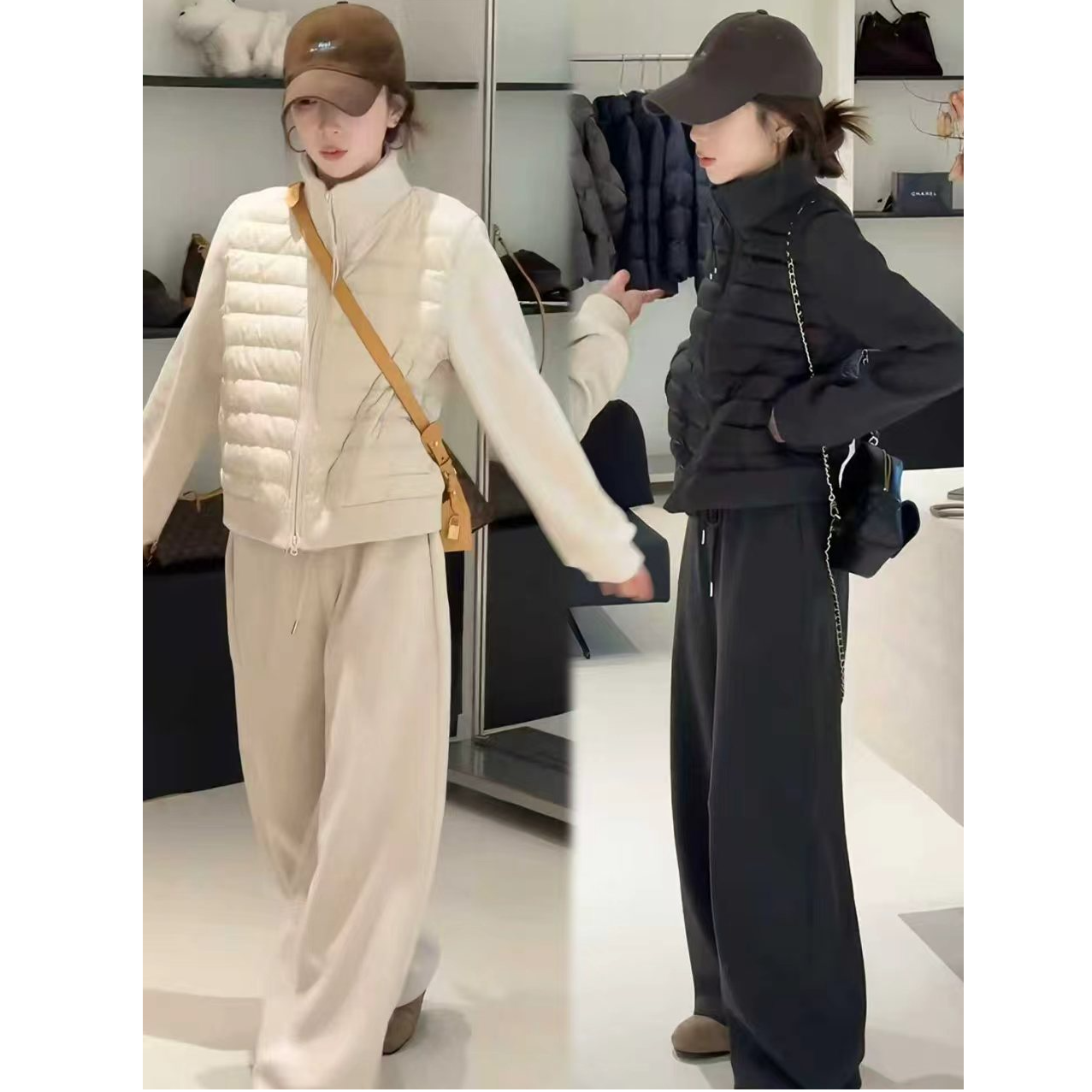 2025年冬季时尚新款休闲风套装修身立领保暖外套宽松阔腿裤两件套