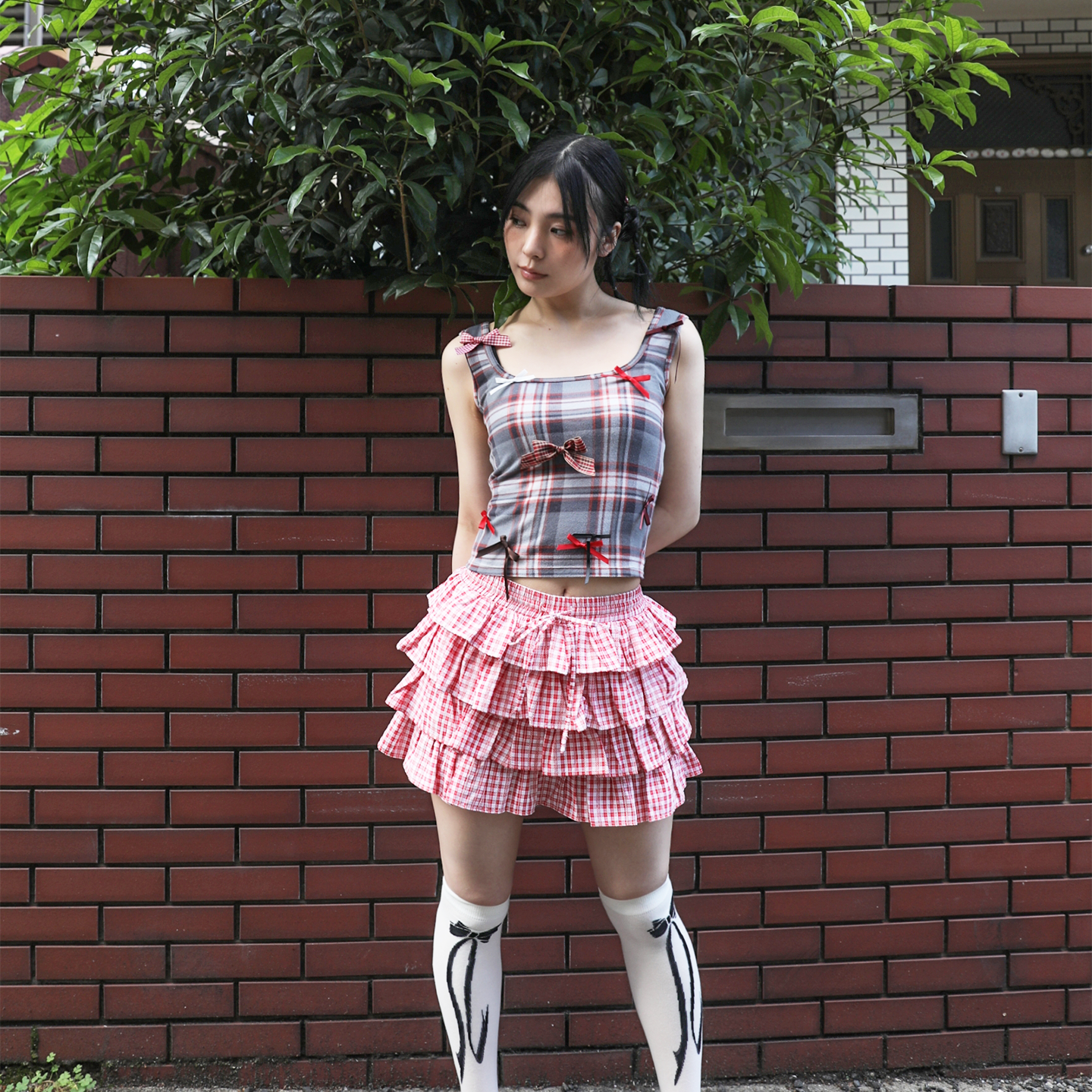 自播礼物商店 红灰格子蝴蝶结背心夏季格纹无袖背心吊带少女百货