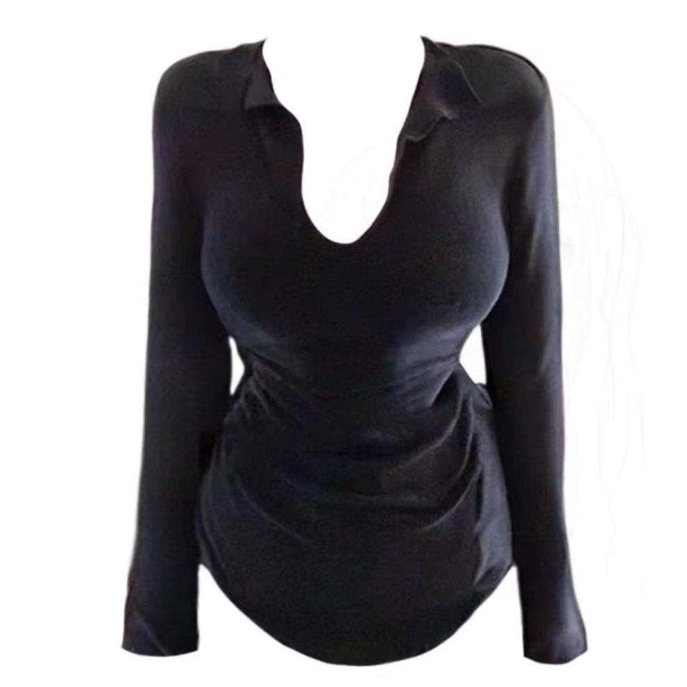 D25108翻领收腰长袖新款T恤纯色气质百搭显瘦打底上衣