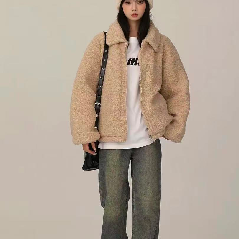 (201-400)宽松型保暖女直下摆常规短外套冬季皮毛一体短款时尚