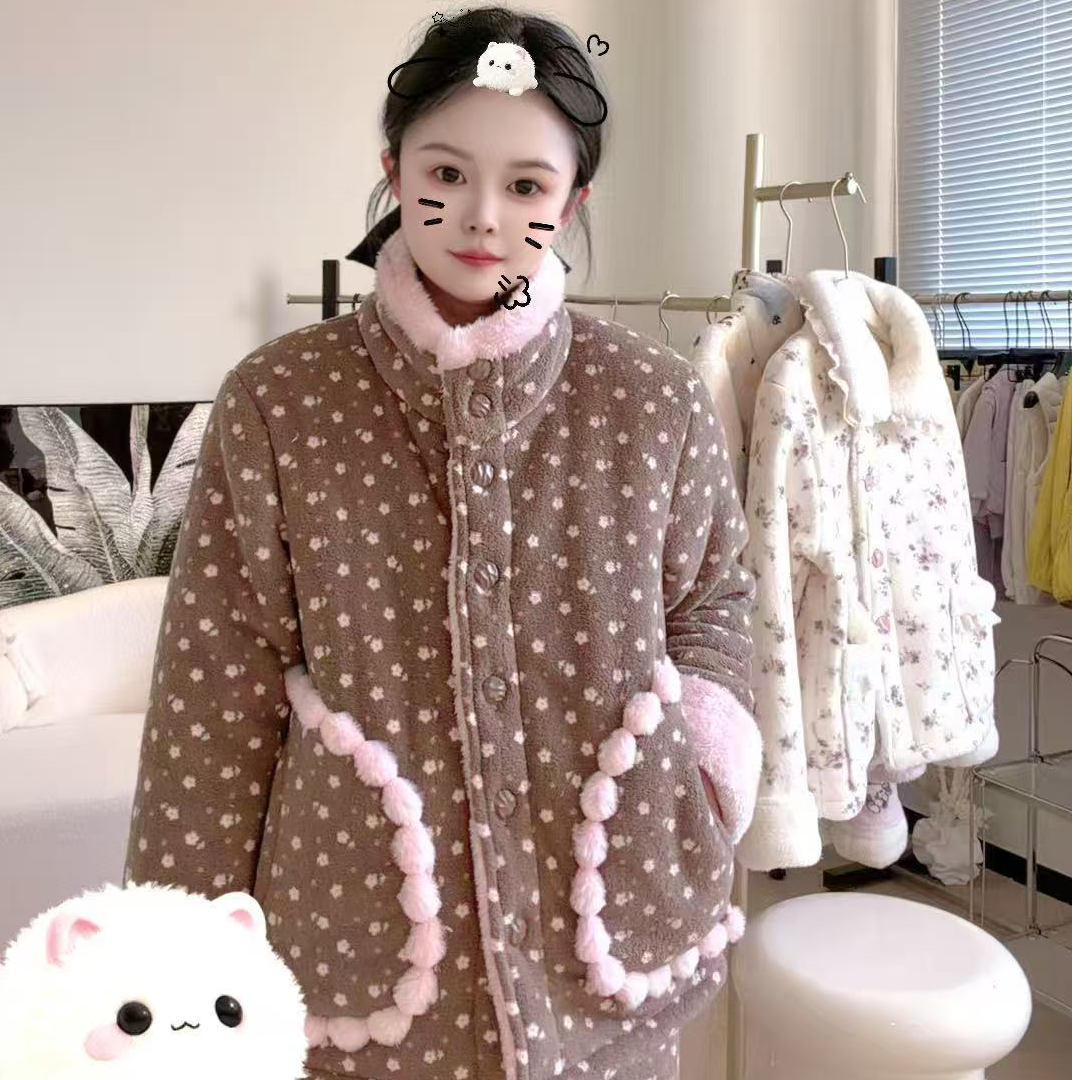 女冬季加厚加绒碎花立领保暖可外穿睡衣家居服套装