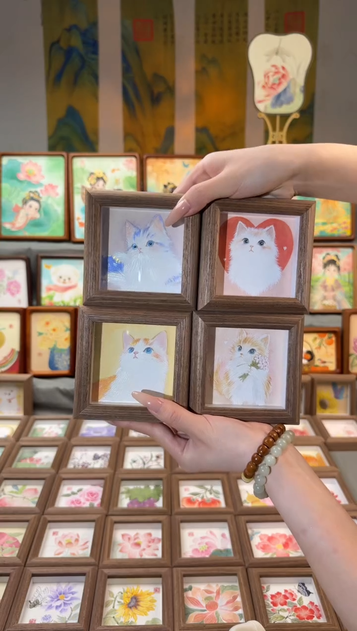 国画四幅猫咪 手绘国画 一组11
