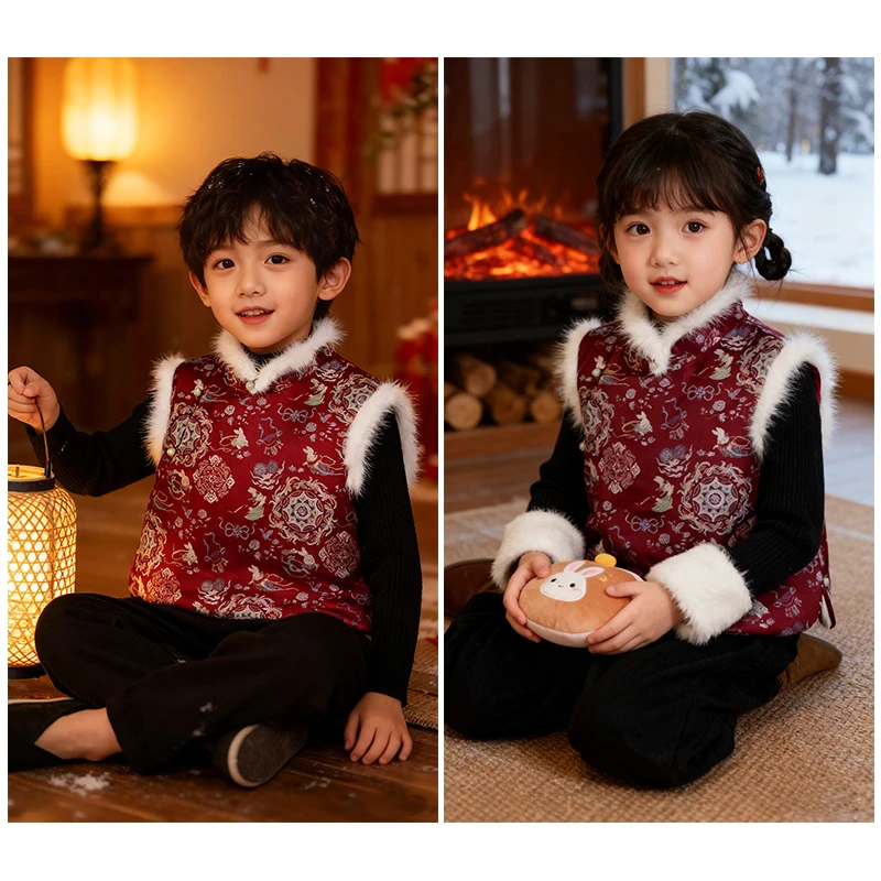 莨宝宝「喜兔送福」B590冬季马甲桑蚕丝宋锦水貂毛男女新中式童装
