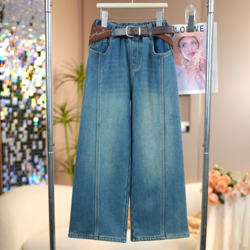 女童加绒前后拼接直筒裤2025冬季新款中大童时尚百搭儿童牛仔裤潮