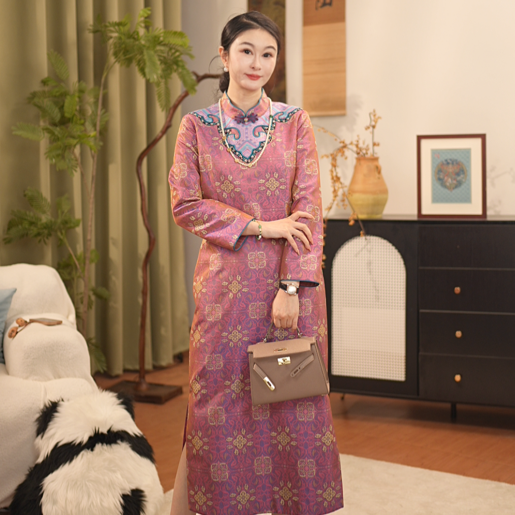 【贺贺·葡萄藤蔓莲花纹】中国风旗袍桑蚕丝古蜀锦旗袍裙HF7065-2