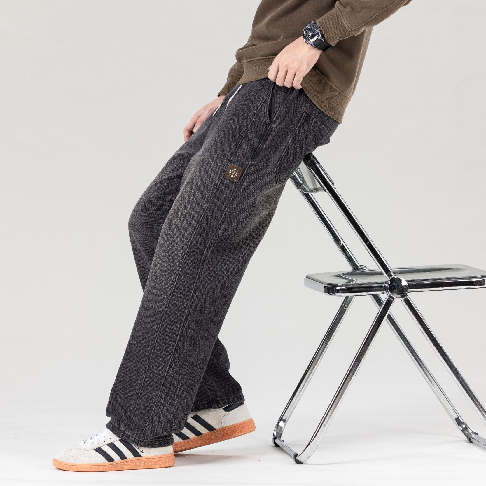 男士春秋潮牌宽松直筒牛仔裤裤大码抽绳休闲牛仔裤松紧腰牛仔裤