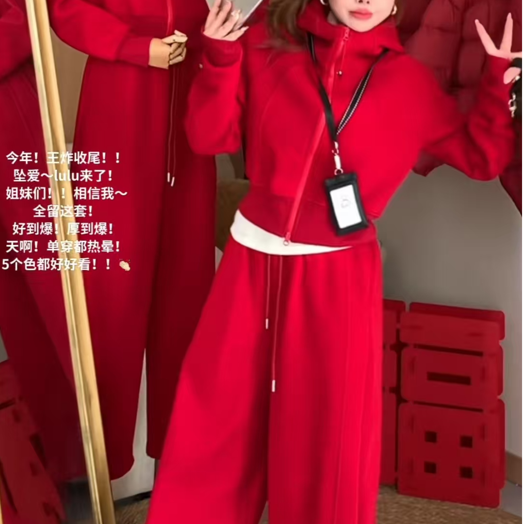 卫衣连帽运动风时尚套装休闲风大红色套装加厚时尚