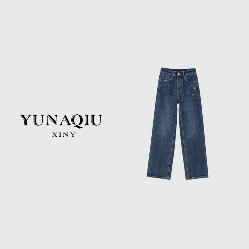 YUNAQIU 休闲裤高腰直筒时尚宽松设计师水洗做旧牛仔裤-8461