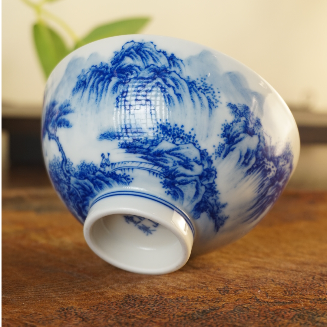 溪山堂仿北宋山水柴窑纯手工手绘鸡心杯陶瓷主人杯山水杯景德镇