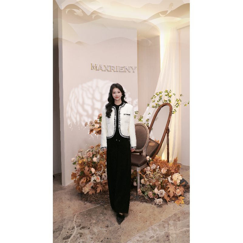 MAXRIENY法式小香风羊毛混纺外套女25冬款撞色织带肌理感通勤穿搭