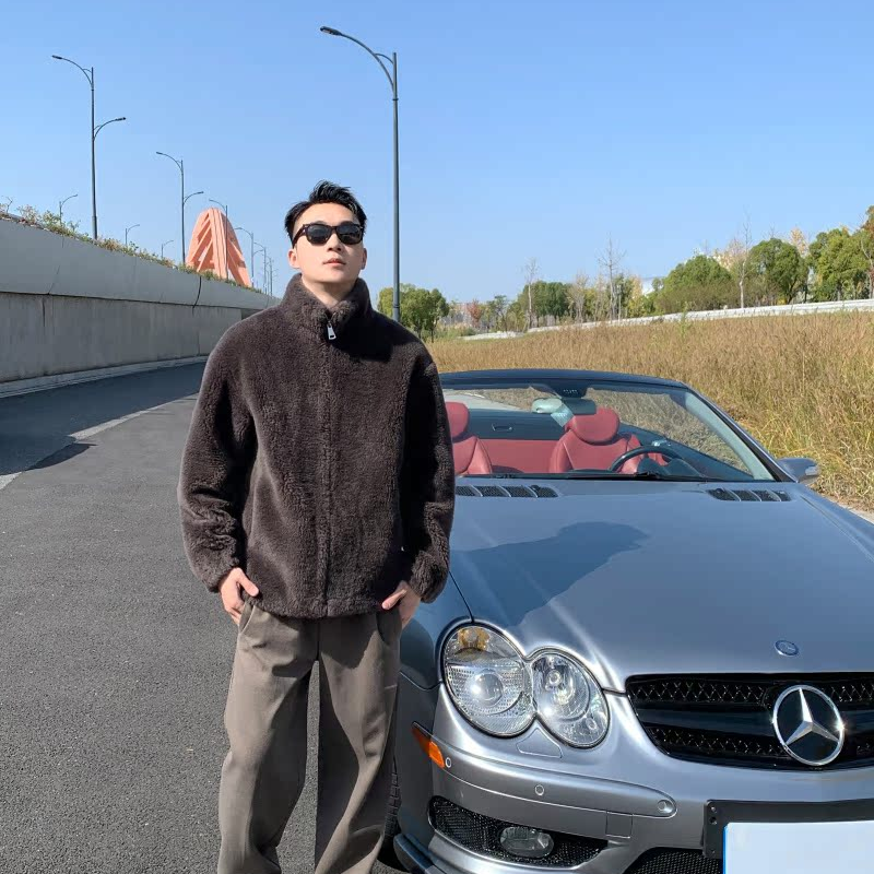 秋冬款日系港风澳洲绵羊毛颗粒男外套立领夹克大衣100%真羊毛加厚