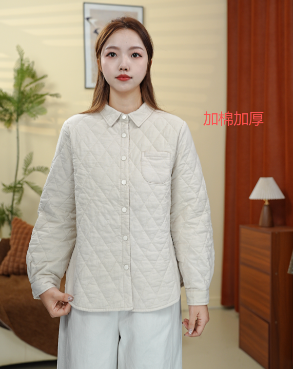 秋冬纯棉加厚保暖菱形格休闲百搭文艺休闲风百搭翻领小棉袄H