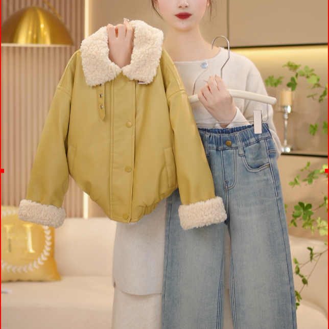 【车厘少女】女童冬季新款时尚韩系洋气加毛加厚保暖皮衣外套-7430
