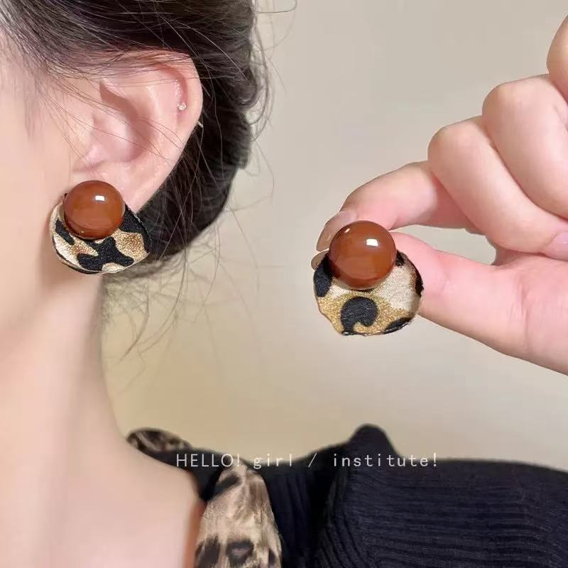 非金属布艺耳饰 925银针秋冬美拉德豹纹复古气质熟女耳钉