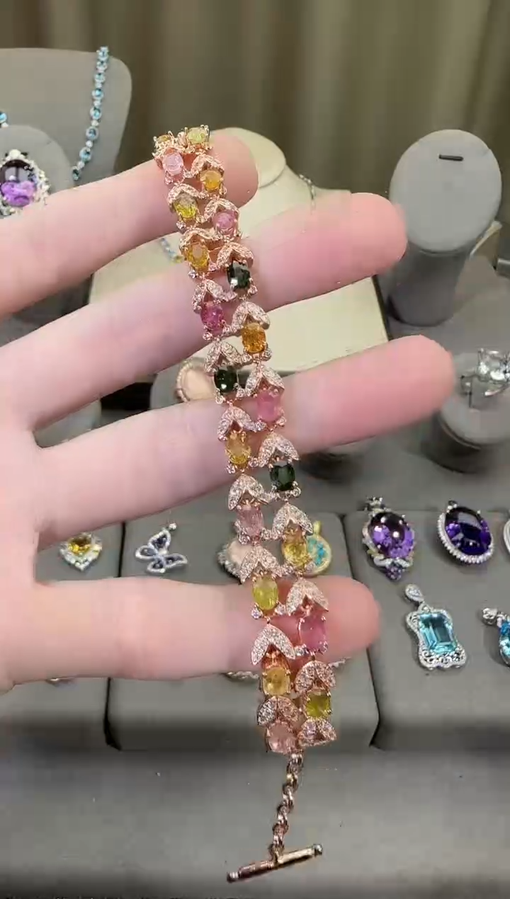 银S925镶嵌手链碧玺11mm手链多样性发一