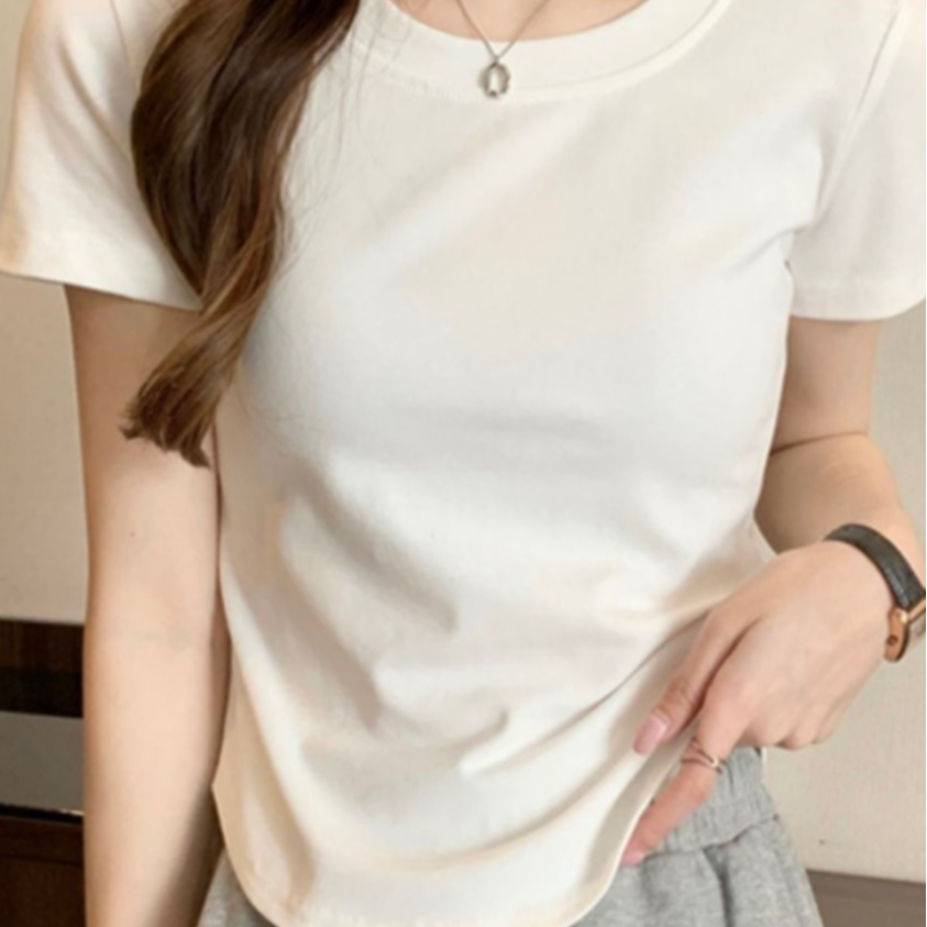 弧形下摆法式短款别致粉色短袖正肩t恤女夏季修身设计感褶皱上衣