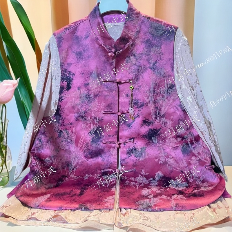 三月国风女装高端中式时尚桑丝中国风气质百搭附合马甲《桃之夭夭》