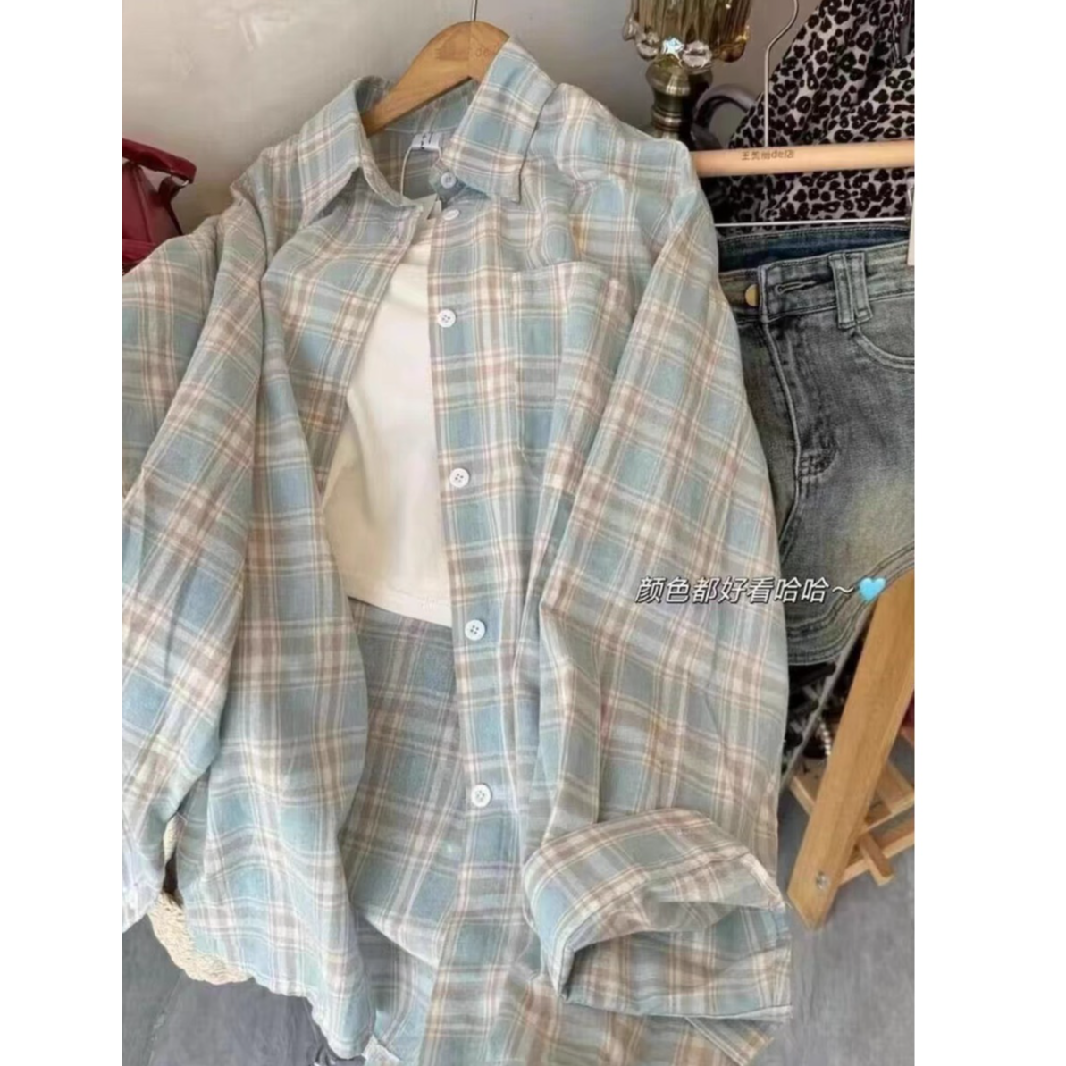 复古长袖格子衬衫宽松外套衬衣女小众设计感外搭上衣潮百搭韩版