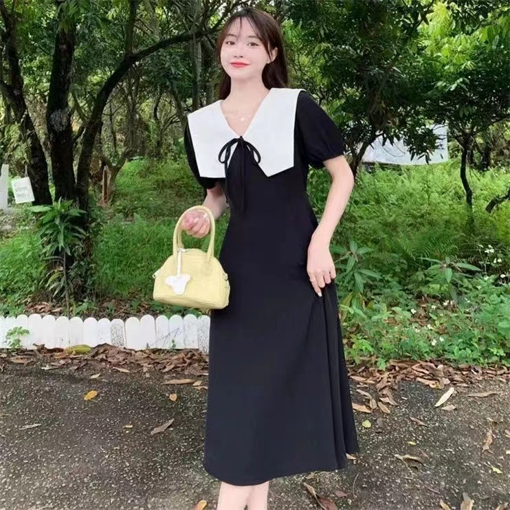 K600韩版大码拼接系带收腰连衣裙女2024夏季气质高腰显瘦连衣裙