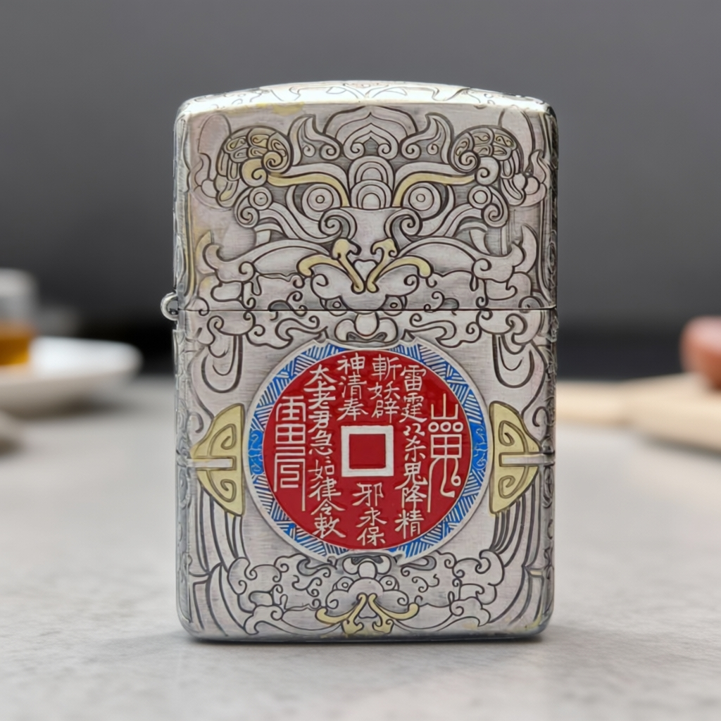 Zippo打火机正版盔甲熏银填珐琅彩山鬼花钱 防风男士送礼DYJ1