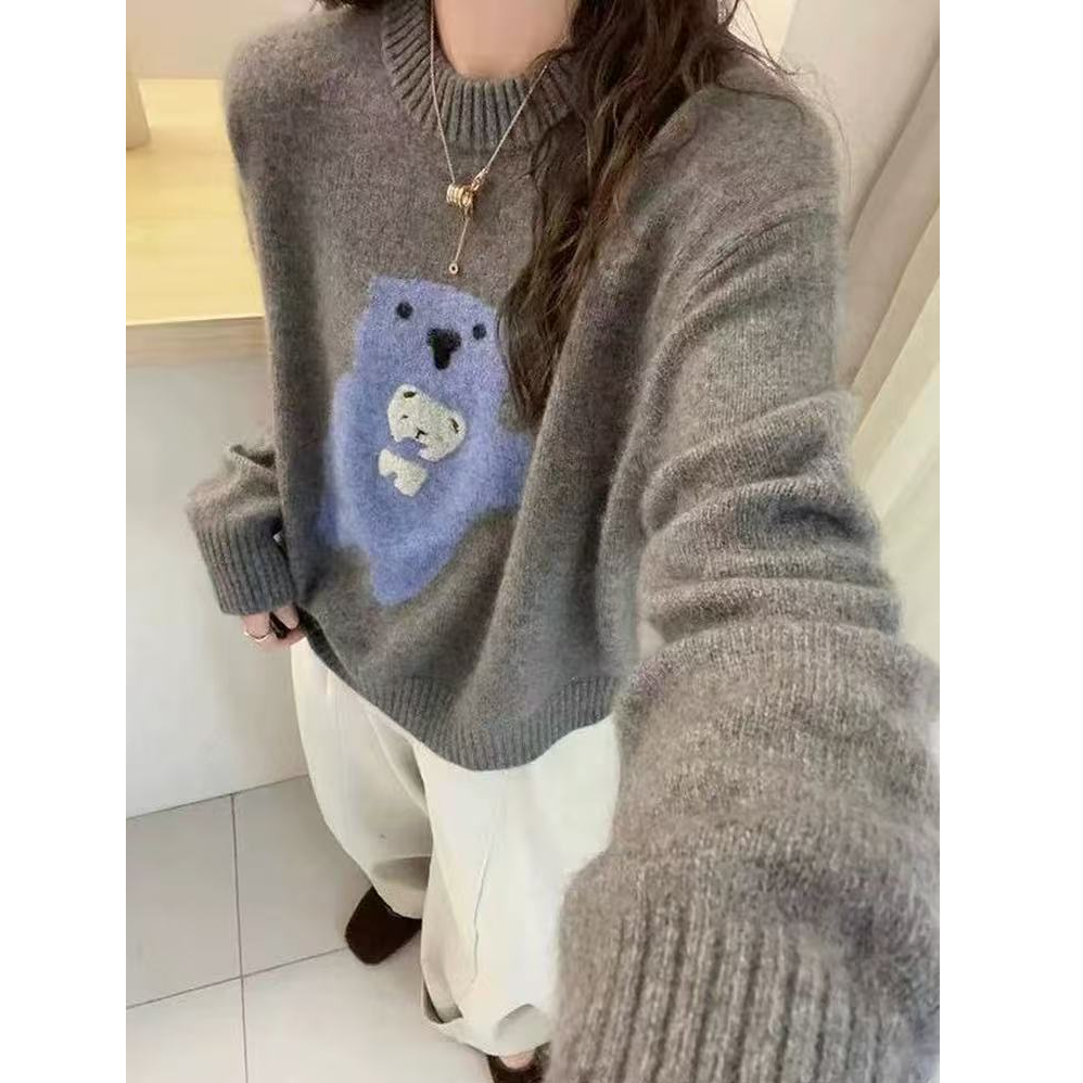 【运费补贴】蓝色可爱小胖熊欧货气质针织女毛衣套头气质宽松上衣