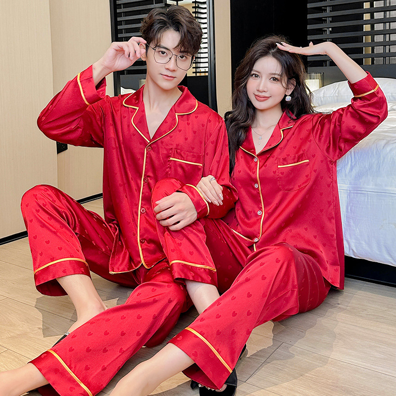 情侣红色睡衣新婚睡衣秋冬冰丝长袖女士套装送闺蜜结婚高档礼盒